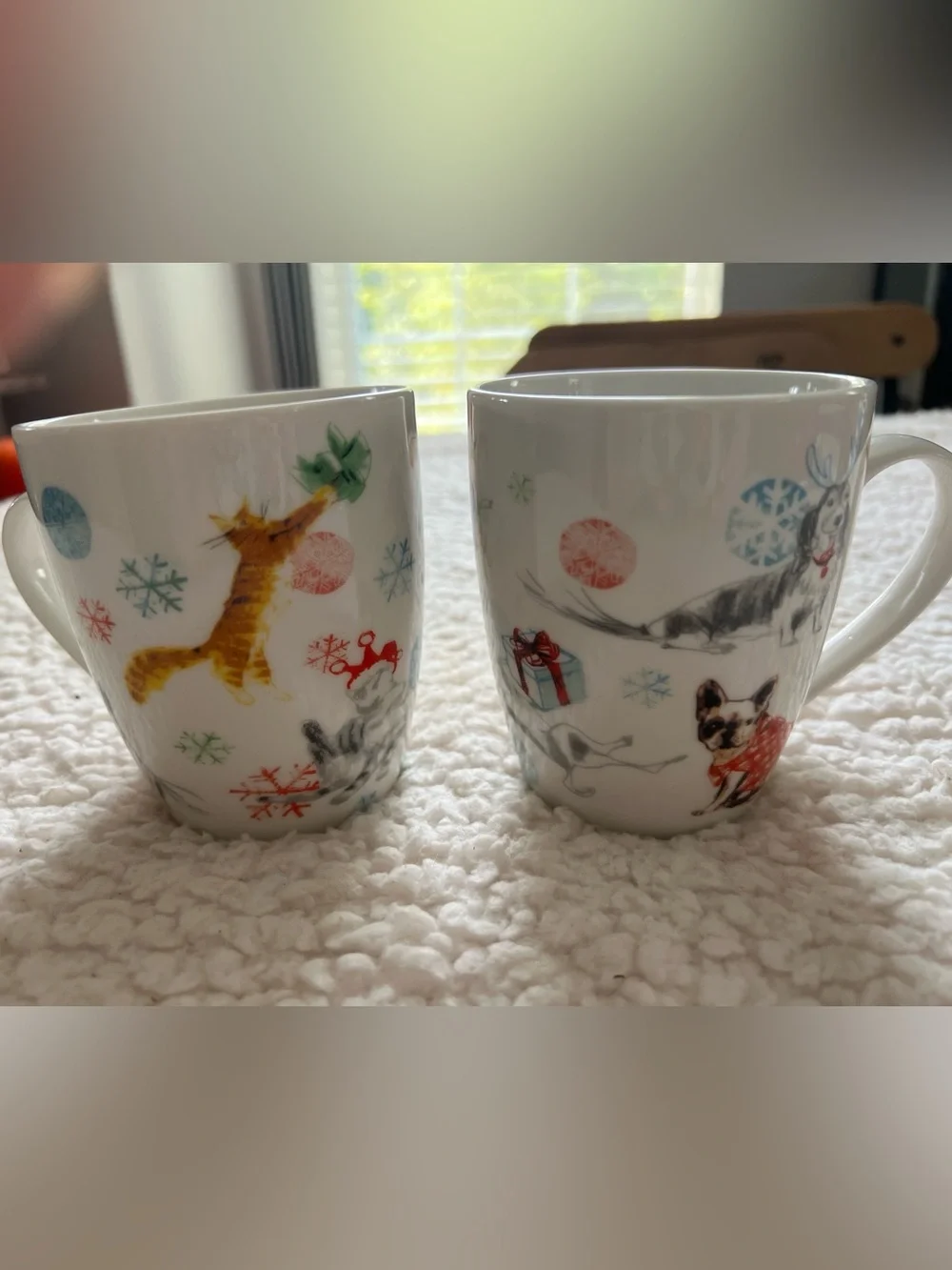 Holiday Cat & Dog Pattern Ceramic Mugs - White (set of 2)